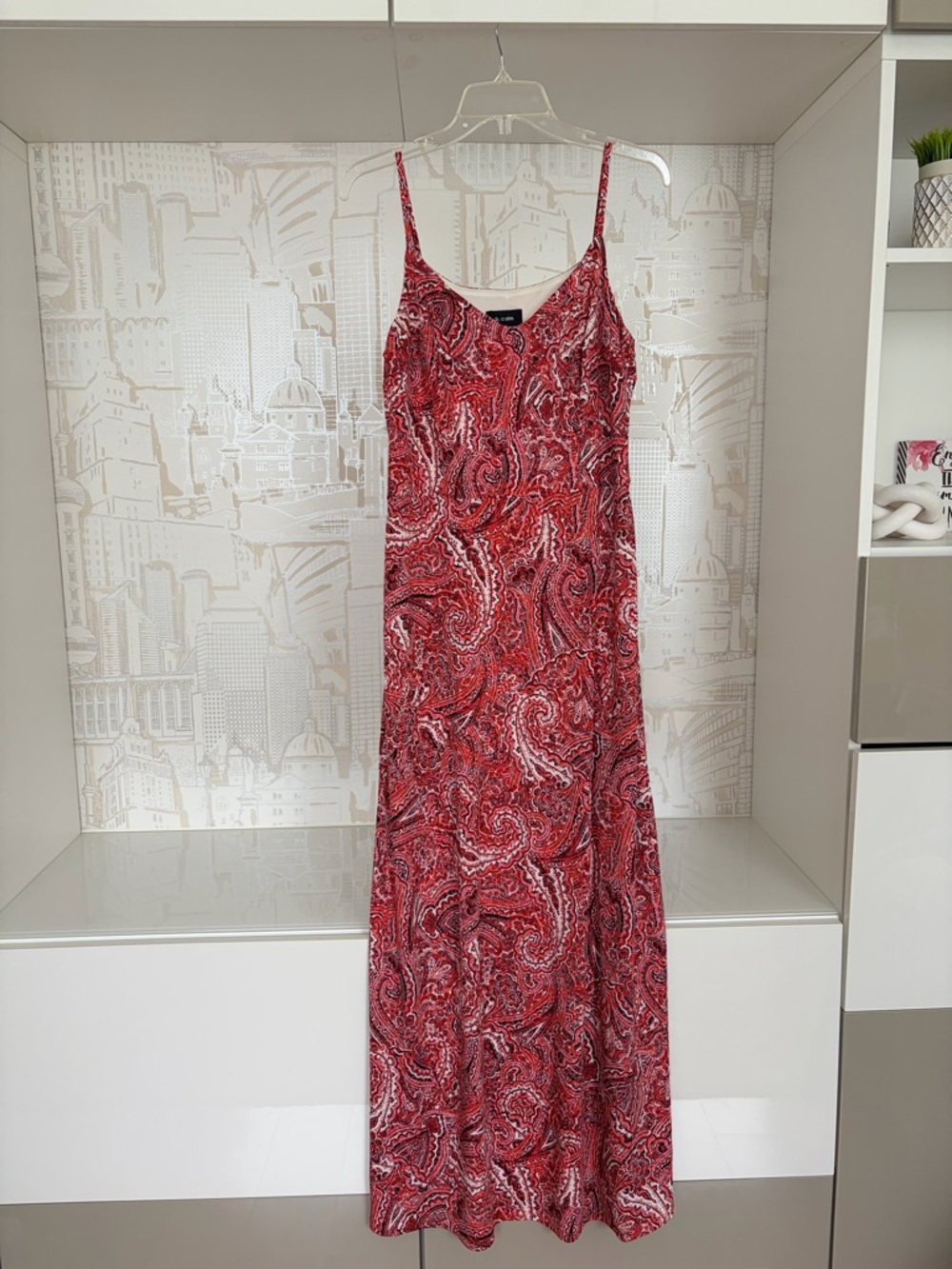 Red Paisley Maxi Slip Dress with Spaghetti Straps